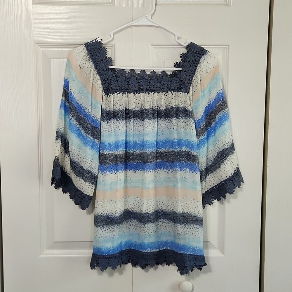 Zac & Rachel Multi-Colored 1/2 Sleeve Lace Trimmed Top Blouse PS Beachy Crochet‎